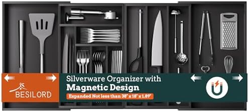 Bamboo Expandable Silverware Drawer Organizer 11 Slots Utensil Holder Black
