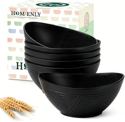 Homienly Wheat Straw Serving Bowls Unbreakable Oval Bowls Set of 6 Soup Bowls Microwave Safe Cereal Bowls for Kitchen, Camping, Party Dishwasher Safe Plastic Bowls for Dinner, Soup (26 OZ Black)