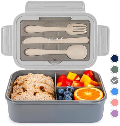 Caperci Classic Bento Box Adult Lunch Box for Older Kids - Leakpoof 47 oz 3-Compartment Lunch Containers for Adults and Teens, Built-in Utensil Set, Ideal for On-the-Go Balanced Eating, Gray