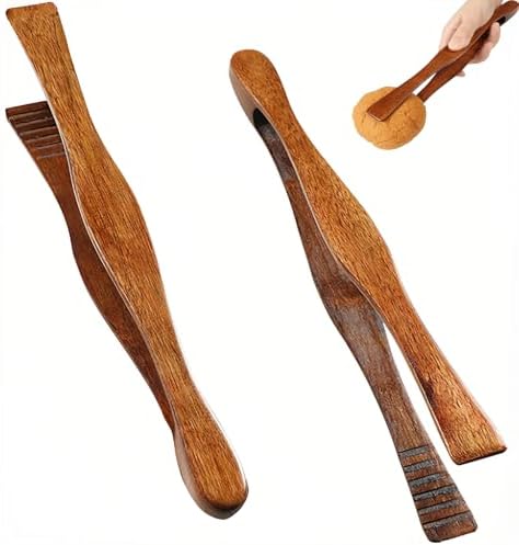 2 Pieces Wooden Toast Tongs 10.4" Reusable Bread Steak Kitchen Clamp Serving Tool Natural Wood Cooking Tong for Cooking and Holding Toast Cheese Bacon Muffin Fruits Bread BBQ