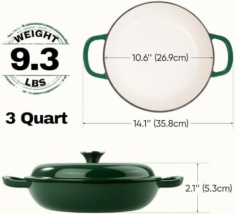 3 Quart Enameled Cast Iron Braiser, Non Stick Enameled Cast Iron Skillet with Lid, Dutch Oven Skillet with lid up to 500°F for Oven, Stove, Grill, Shallow Dutch Oven for Cook, Bake (Green)