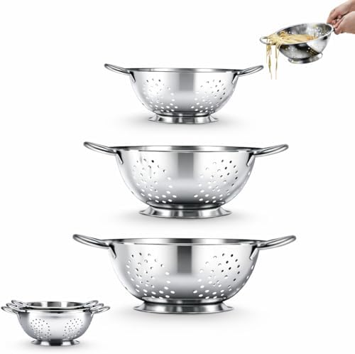 Amco 3-Piece Stainless Steel Colander Set, 1.5 Qt, 3 Qt & 5 Qt - Silver