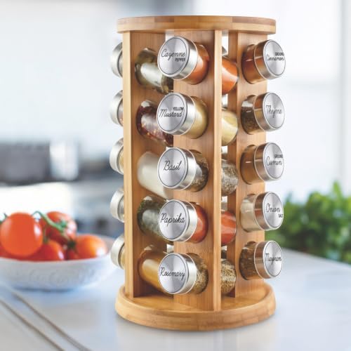 Orii 20 Jar Rotating Bamboo Spice Rack with Spices Included & 5-Year Free Spice Refill Program – Revolving Countertop Spice Rack with Glass Jars