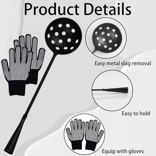 Casting Skimmer with Anti-Slip Gloves – 3.9" Steel Skimmer Ladle with 16.5" Handle for Zinc and Metal Alloys, Molten Metal Skimming Tool for Foundry and Casting