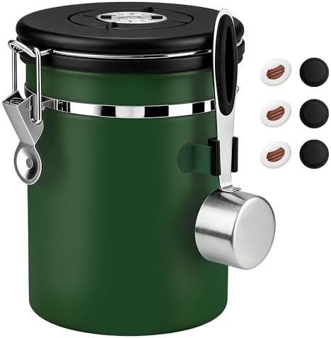 ShanSon Coffee Canister Airtight, Stainless Steel Bean Storage Container with Date Tracker & Scoop, Grounds Sugar Flour Tea Cereal Fits Kitchen Pantry, Ideal Gift for Coffee Lovers,22oz, Dark Green
