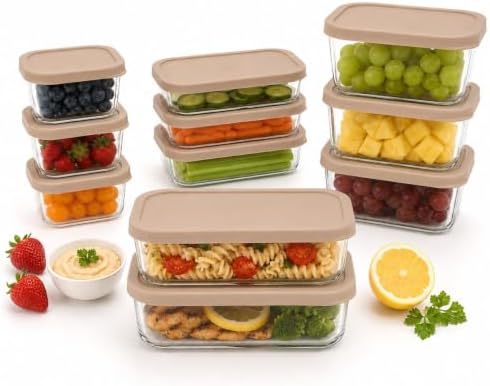 Glass Food Storage Containers with Lids - 22 Piece - 10.5 oz, 17.6 oz, 25.4 oz & 57.5 oz Sets Glass with BPA-Free Leak Resistant Stackable Lids - Microwave, Oven & Dishwasher Safe - Cashew Cream