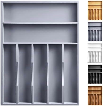 Kitchen Bamboo Silverware Organizer, Kitchen Drawer Organizer - Utensil Holder and Cutlery Tray with Grooved Drawer Dividers for Flatware 7 Slot, Grey