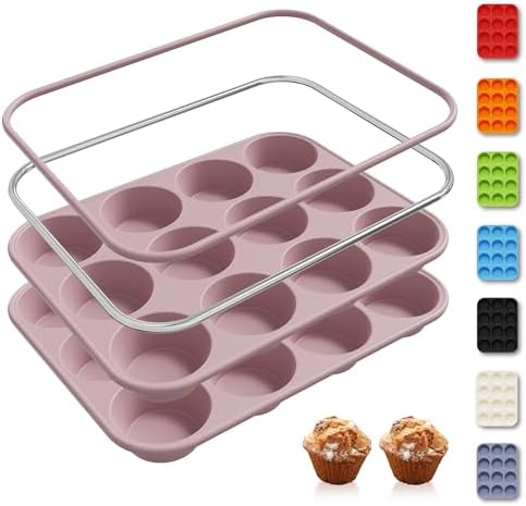 Socisen 2 Pack 12 Cups Muffin Pan with Metal Reinforced Frame Regular Size Silicone Molds Cupcake Cake Baking Pans Cookie Baking Chocoflan Cupcake Mold Silicone Egg Bite Molds Baking Items Stuff