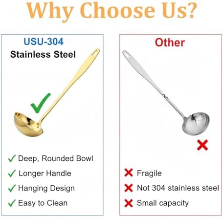Gold Ladle, 304 Stainless Steel Gold Ladle 11.4" Long Handle Kitchen Metal Ladel Large Serving Spoon for Cooking, Serving, Stirring, Canning