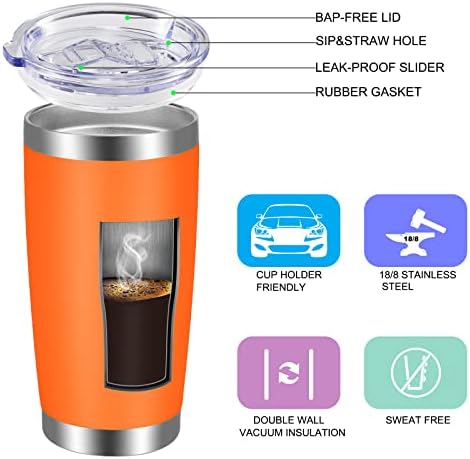 VEGOND 20oz Tumbler with Lid and Straw Stainless Steel Tumbler Cup Bulk Vacuum Insulated Double Wall Travel Coffee Mug Powder Coated Coffee Cup, Orange, 6 Pack