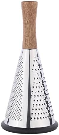 Cone Cheese Grater with Handle - Stainless Steel Triple Function Wood Handle Parmesan Shaver Non-Slip Rubber Bottom Hand Held Multifunction Vegetables Cheese Grater with container (M: 9.4" X 4.3")