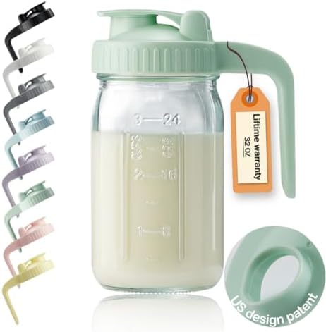 32oz Glass Pitcher with Lid & V-shaped Pour Spout - 1 Quart Breastmilk Pitcher Double Leak Proof, Creamer Container for Sun Tea, Juice, Cold Brew Coffee, Breastmilk Storage Container