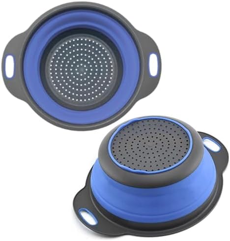 Round Silicone Blue Colander Collapsible – Foldable Kitchen Strainer Small Collapsible Colander Blue with Plastic Handles for Draining Vegetable and Fruit Round Silicone Kitchen Strainer for Pasta