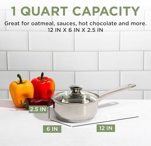 Ecolution Stainless Steel Sauce Pan, Encapsulated Induction Ready Cooking Pot with Glass Lid, Oven Safe, Dishwasher Safe Soup Pot, 1-Quart