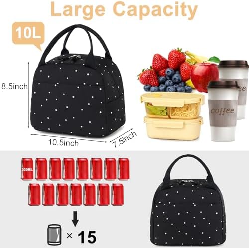 Bluboon Lunch Box for Women Cute Lunch Bag Reusable Insulated Lunch Bags Large Capacity Lunchbox Cooler for Work Picnic or Travel Gifts (Polka Dot Black, 10 x 7.5 x 8 inches)