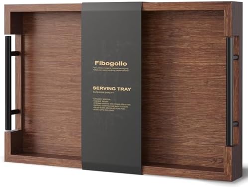 Fibogollo Bamboo Serving Trays with Metal Handles,Medium(Brown)