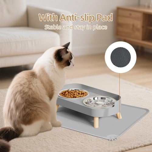 Elevated Cat Bowl with Food Mat, Raised Cat Food and Water Bowl Set for Indoor Cats, Splash Proof with 2 Stainless Steel Pet Food Bowls for Cats and Puppies,Whisker Fatigue and Dishwasher Safe (Grey)
