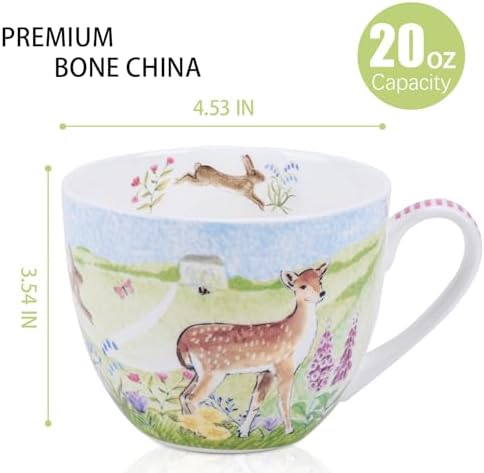 20 oz Deer & Wildflower Coffee Mug, Premium Bone China Cottage Garden Coffee Cup with Rabbit & Butterfly, Thoughtful Gifts for Mom Women Mothers Day, Designed in England by Harvest Green Studio