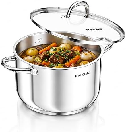 Sunhouse: Stainless Steel Stock Pot - 11 Quart - Tempered Glass Lid, 3-Ply Bottom, Soup-Pasta-Food, Boil-Simmer, All Cooktops, Dishwasher & Oven Safe