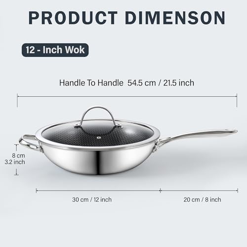 Cooks Standard 12-Inch Stainless Steel Hybrid Nonstick Wok with Glass Lid