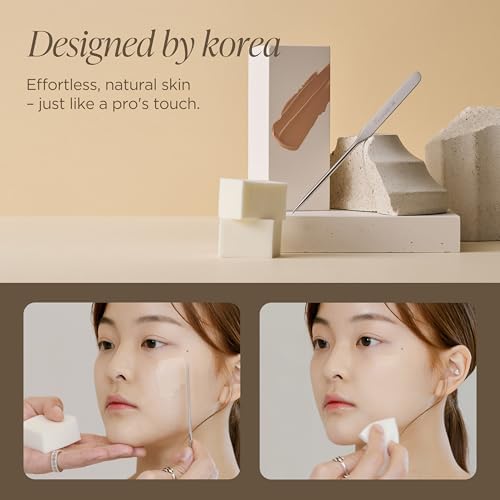 Piccasso Professional Makeup Spatula Sponge 2 Set - Stainless Steel Foundation Spatula for Thin & Seamless Base - K-Beauty Korean Tool for Flawless Finish - Includes Leather Case