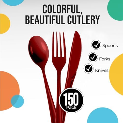 Party Solids Burgundy Plastic Silverware 150 Pcs Burgundy Cutlery Set