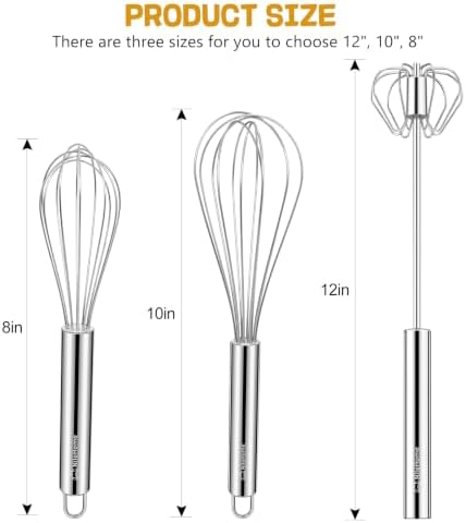 NileHome Stainless Steel Whisk Set 8" 10" + 12" Semi-Automatic Rotary