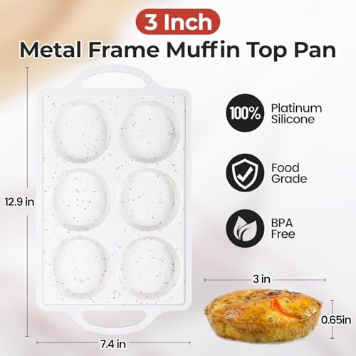 CAKETIME Muffin Top Pan, 3 Inch Metal Reinforced Frame Silicone Egg Mold for Breakfast Sandwiches Non Stick Round Silicone Egg Pan for Baking English Muffins, Whoopie Pies, Corn Bread, Tarts Confetti