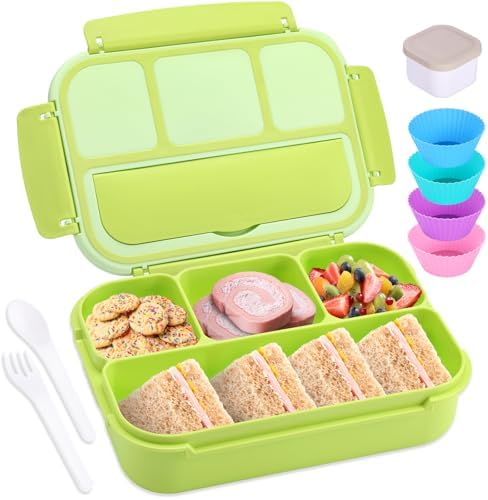 shell and turtle Bento Box Adult Lunch Box, Lunch Containers for Kids Girls Boys with 4 Compartments, Lunchable Food Container with Utensils, Sauce Jar, Muffin Liners, 40 Oz/5 Cup, Bright Green