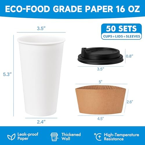 RACETOP 16 oz 50 Pack Disposable Paper Coffee Cups with Lids and Sleeves