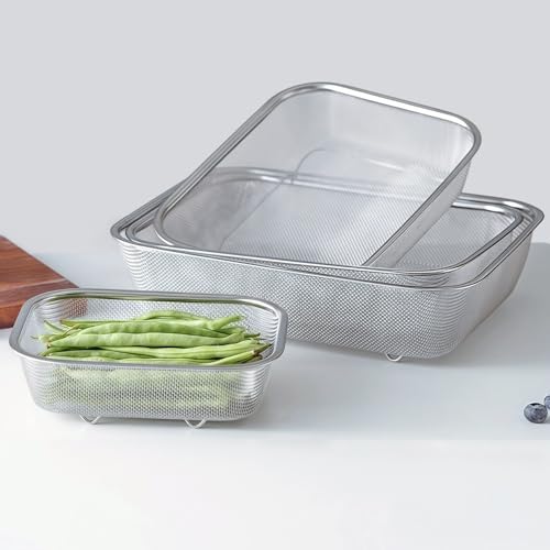 18/8 Stainless Steel Fine Mesh Strainer Basket with Feet, Rectangular Colander for Vegetables, Fruits, Pasta, Noodles – Rustproof, Durable & Easy to Clean (12.2 inch)