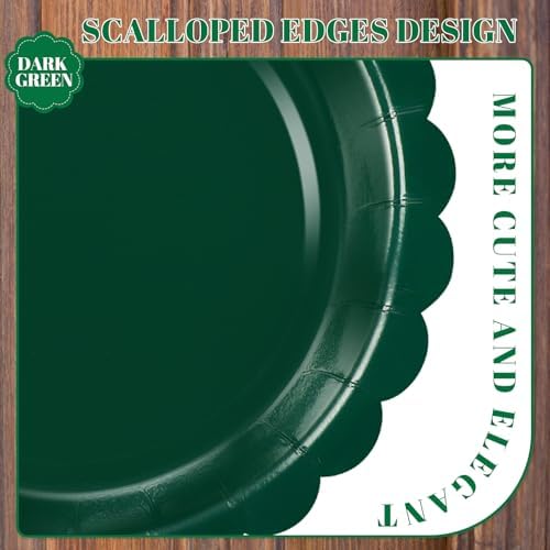 NatNarr 30 Pcs Dark Green Plates 9 Inch Scalloped Green Paper Plates
