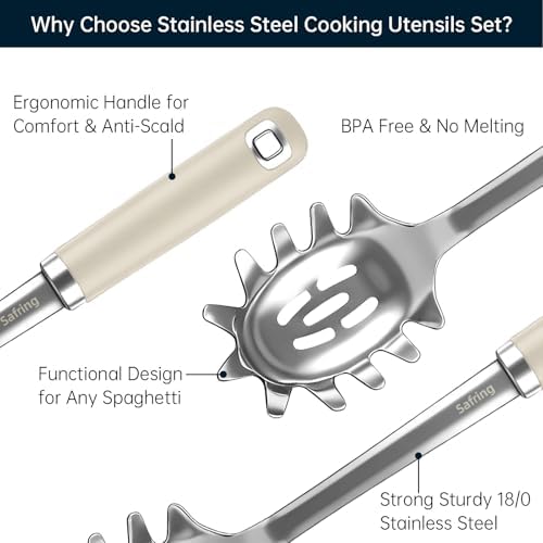 Safring Stainless Steel Soup Ladle and Spaghetti Spoon Set, Heat Resistant Rubber Handle, Dishwasher Safe, Kitchen Utensils for Cooking, Stirring, Serving Pasta, Soup & Sauce (Beige)