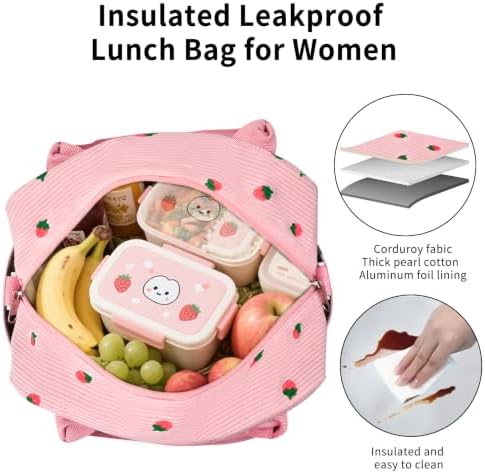 Lunch Bag Women Lunch Box for Women Adult Cute Insulated Lunch Bag Lager Cooler Lunch Tote Bags for Work Picnic (Pink-Strawberry)