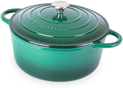 Nuovva Enamelled Cast Iron Dutch Oven Pot with Lid-6.4 Quart Non Stick Casserole Pot-Heavy Duty & Oven Safe up to 500° F for Bread Baking, Braising, Stews, Roasting - 28cm Dark Green