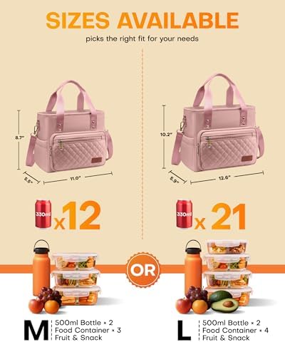 HOTOR Lunch Box Women Insulated Tote Bag Multiple Pockets Pink