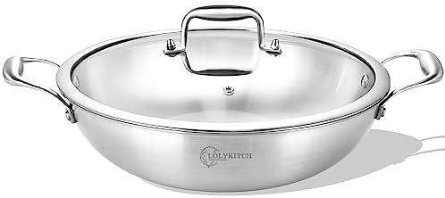 LOLYKITCH 12-Inch Stainless Steel Wok with Lid | 5-Quart | Dual Handles