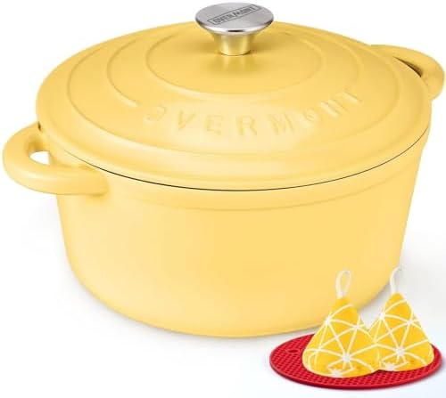 Overmont Enameled Cast Iron Dutch Oven - 4.5QT Pot with Lid Cookbook & Cotton Potholders - Heavy-Duty Cookware for Braising, Stews, Roasting, Bread Baking GooseYellow