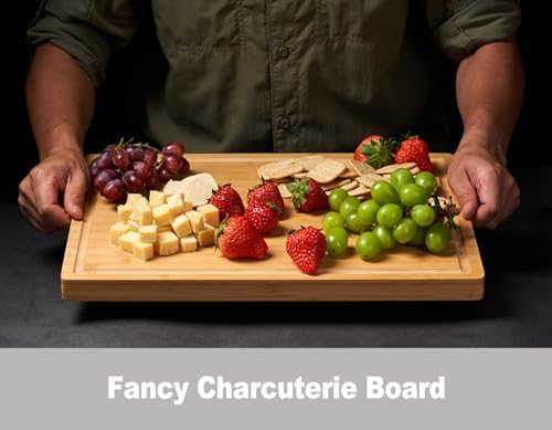 Allsum Bamboo Wood Cutting Boards for Kitchen, 1" Extra Thick Butcher Block with Juice Grooves & Handles Resisting to Warping and Cracking, Fancy Charcuterie Boards, 16"L x 11"W