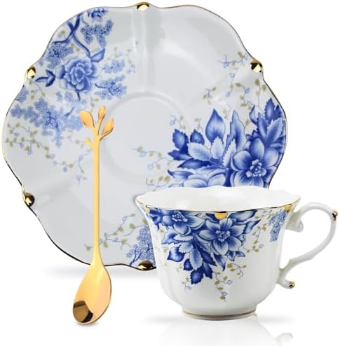 Country Roses Porcelain Tea Cup and Saucer Set with Gold Trim, Vintage Style, For Women and Tea Parties (1, Blue)