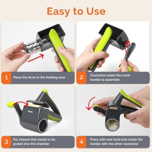 UHIYEE Patented Handheld Parmesan Cheese Grater with 2 Rotary Drums, Gray