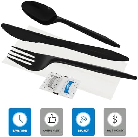 Knife Fork Spoon Napkin Salt Pepper Sets, Individually Wrapped Black Plastic Cutlery Packets for Delivery, Cafeterias, Restaurants (1000 Pack)