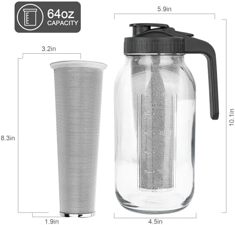 Cold Brew Coffee Maker, 64 oz Mason Jar Pitcher with Stainless Steel Filter, Pour Spout Handle Lid, Airtight & Leak-Proof for Iced Coffee,Tea & Lemonade
