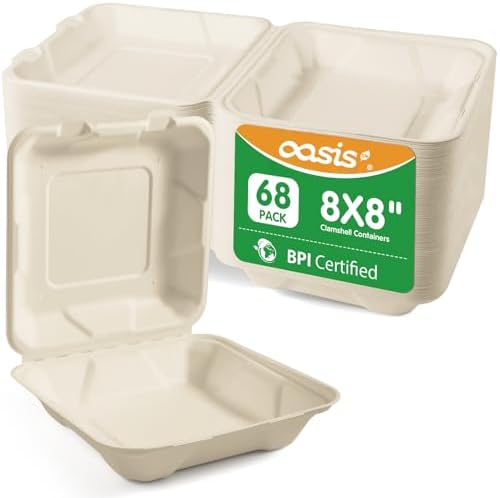 8x8 Inch 68 Pack Compostable Clamshell Take Out Food Containers, Disposable Paper To Go Boxes with Lids, Heavy Duty Sugarcane Bagasse Containers for Meals & Takeout, Natural
