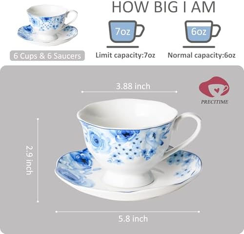 6oz Porcelain Tea Cup and Saucer Set of 6, Classic Blue Floral