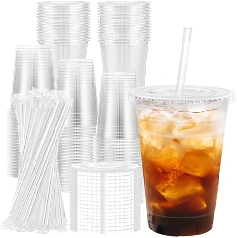 Lamosi 100 Pack 16 oz Plastic Coffee Cups with Lids, Disposable Clear Cups