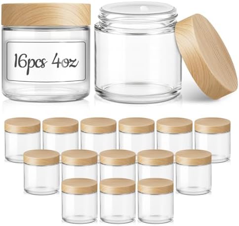 16 Pack 4 OZ Glass Jars with Lids, Small Glass Containers with Plastic Woodgrain Lids & Inner Liners, Reusable Travel Containers for Creams, Makeup, Lotion, Cosmetic, Ointment
