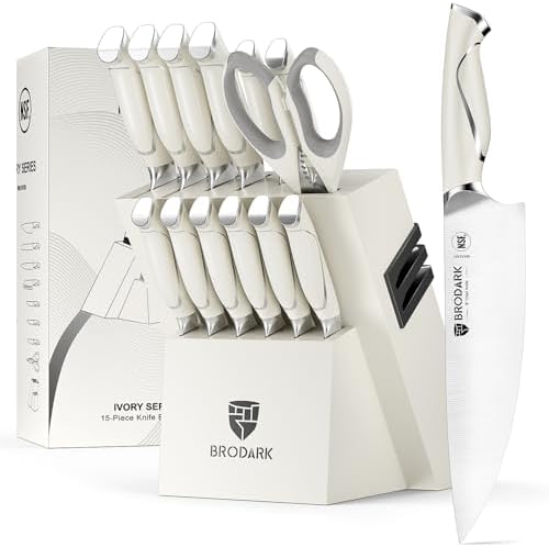 BRODARK 15Pcs Professional High Carbon Stainless Steel Knife Set With Block
