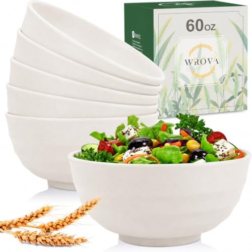 Wrova Wheat Straw Bowls Set 60 OZ, Unbreakable Large White Bowls Set of 6, Microwave and Dishwasher Safe Big Cereal Bowl for Dorm and Apartment, Salad Bowl for Serving Oatmeal and Popcorn (White)