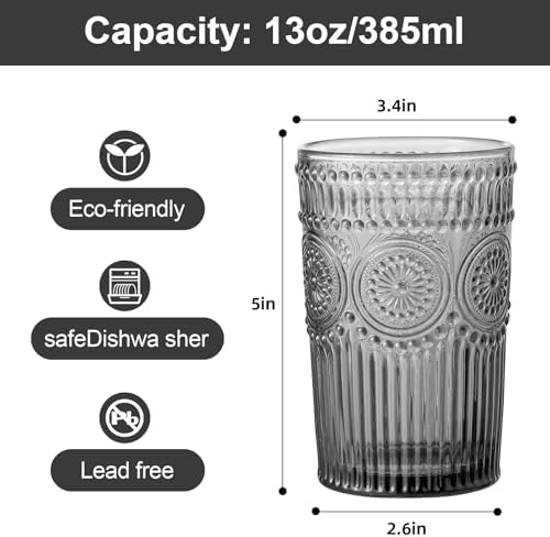 ZMOWIPDL Drinking Glasses Set of 6,13oz Flower Design Grey Glass Cups
